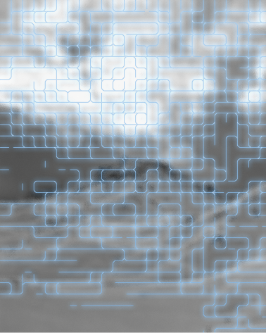 Snowy mountain landscape with a digital optic effect, featuring icy tones, vibrant colors, and futuristic optical distortion.