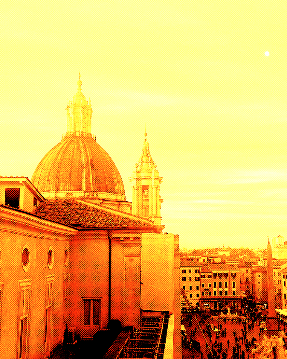 Roman monument transformed with a duotone halftone effect, featuring bold two-tone colors and a striking graphic design style.