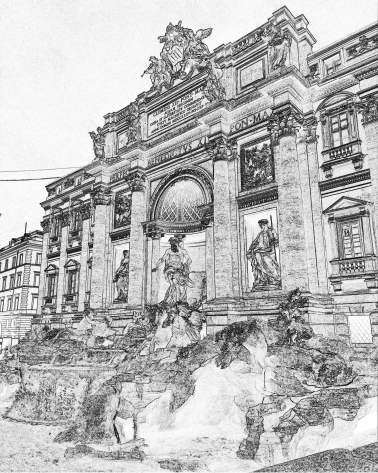 Trevi Fountain in Rome transformed with a fine line sketch effect, featuring delicate outlines and an elegant hand-drawn artistic style.