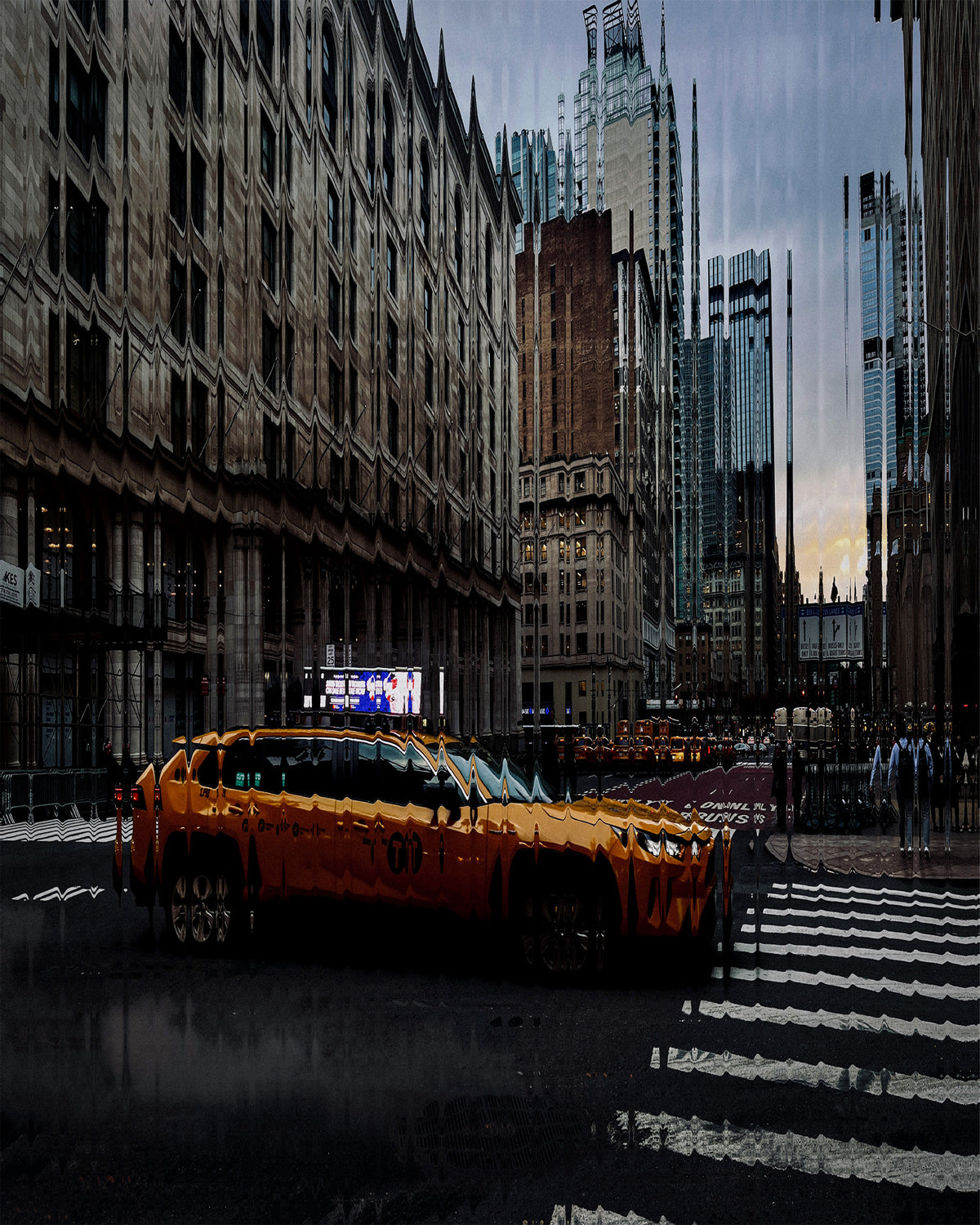 New York City streets transformed with a glass distortion effect, creating warped reflections, dynamic shapes, and a modern artistic look.